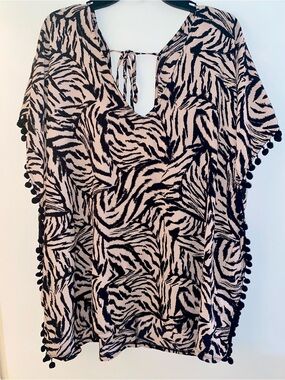 Black and Tan Zebra Print Pom Pom Beach Cover Up